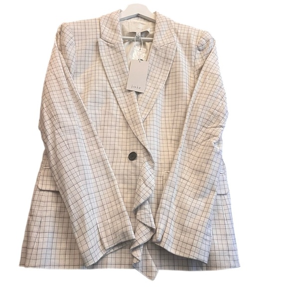 $368 NWT JOIE Sz4 VILLETTE RUFFLED PLAID ONE BUTTON BLAZER PORCELAIN - Picture 2 of 9